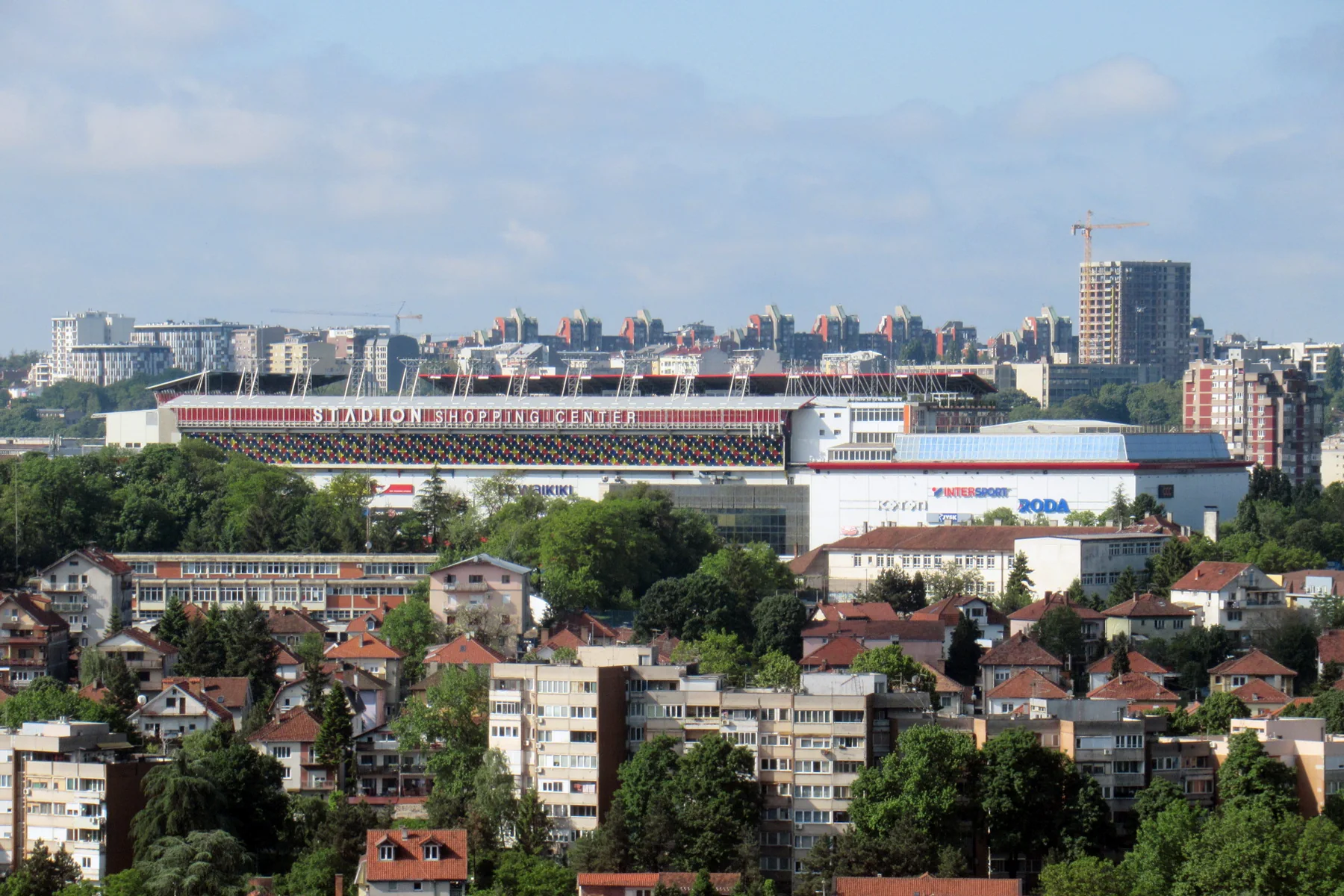 Stadion Voždovac visible on the roof of a shopping centre in Belgrade