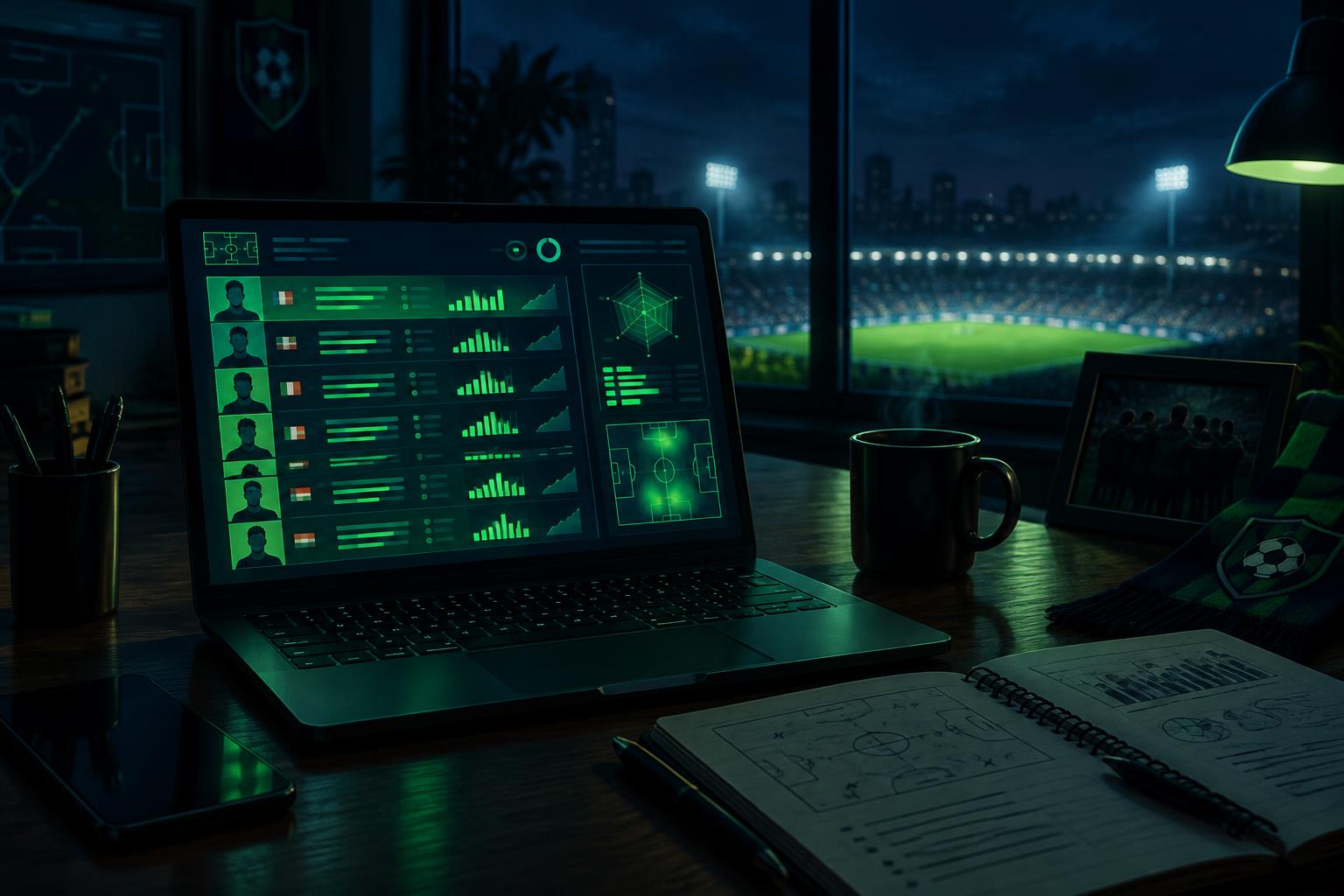 A Football Manager style scouting shortlist glowing on a laptop at night