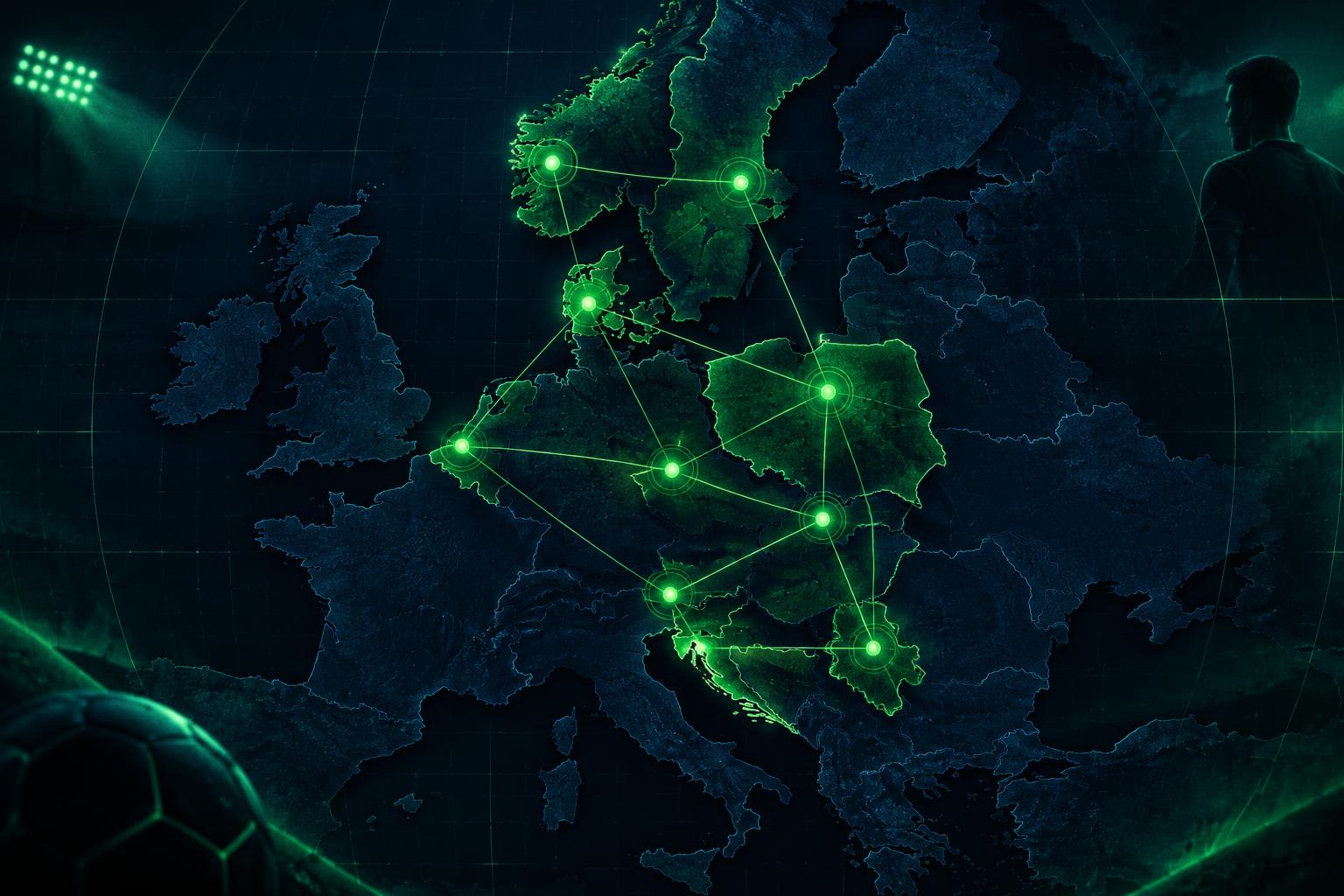 Map of Europe highlighting the ten best leagues for scouting cheap Football Manager wonderkids